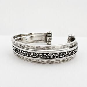 Lois Hill Sterling Silver Hammered Cuff Bracelet 3 Band Bangle 36 grams